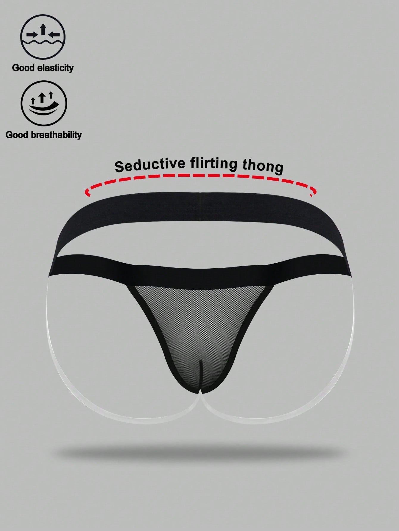 Black men's low rise jockstrap underwear in mesh fabric with colorblock design, medium stretch, and backless crotchless styling.