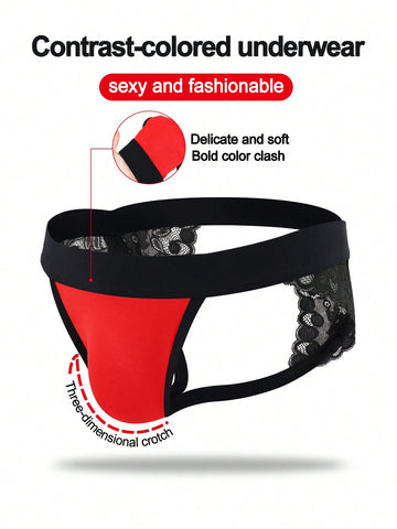 Men's low rise jockstrap underwear with red colorblock design, lace waist, and contrast binding in medium-stretch knitted fabric.