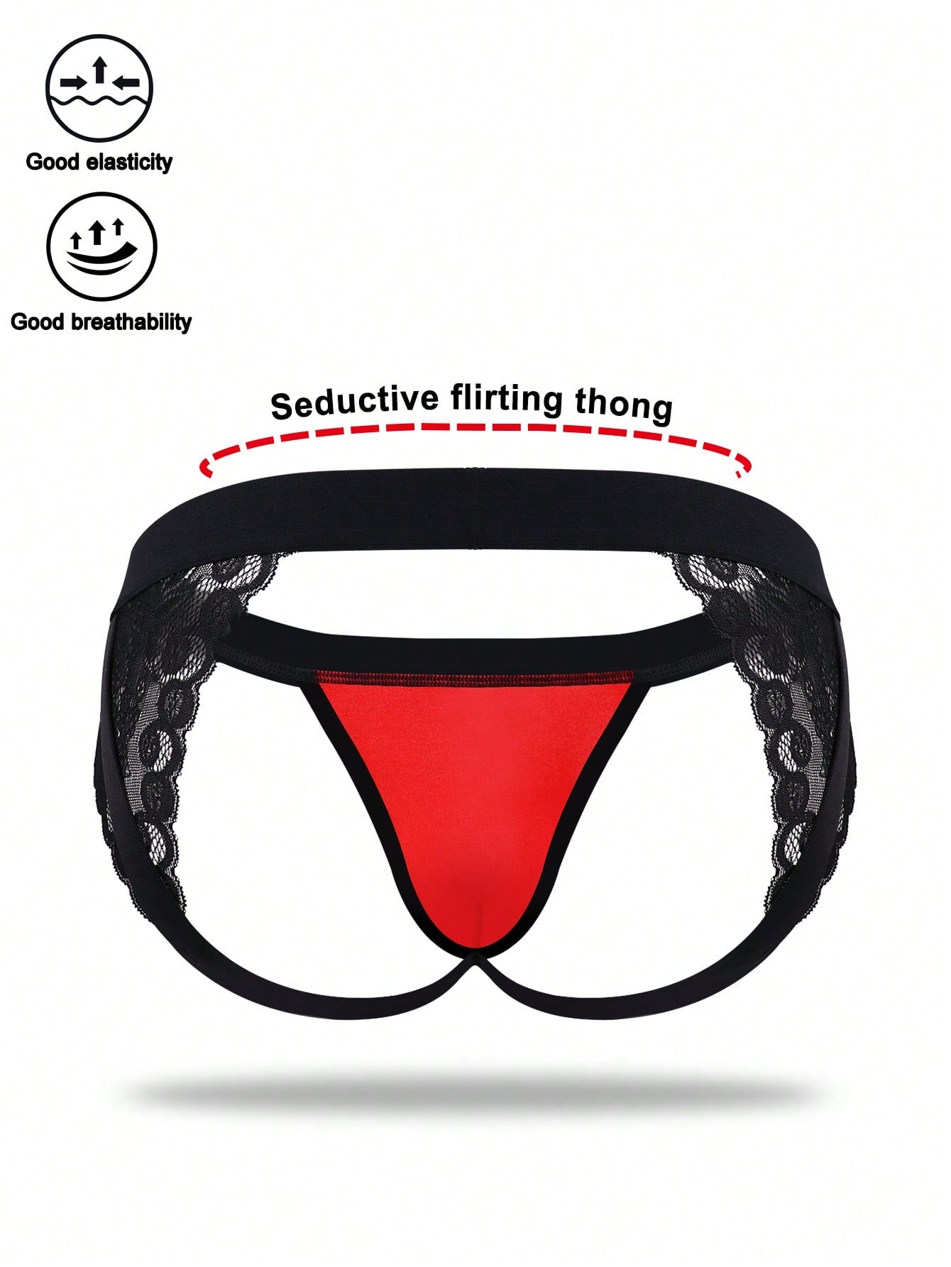 Men's low rise jockstrap underwear with red colorblock design, lace waist, and contrast binding in medium-stretch knitted fabric.