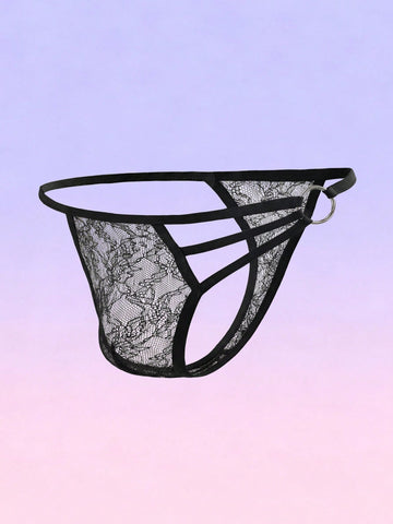 Black men's low-rise lace thong featuring a hollow-out plain design made from a stretch polyamide blend fabric.