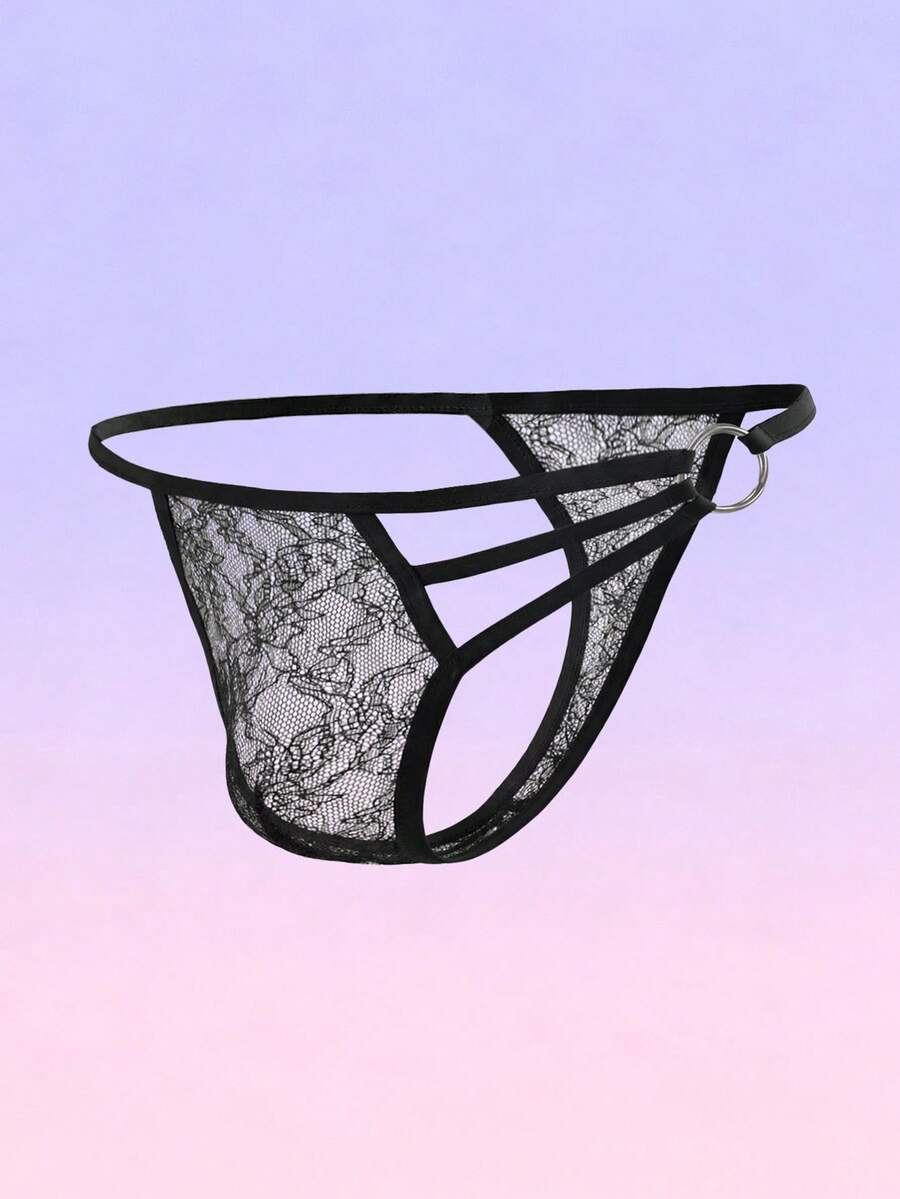 Black men's low-rise lace thong featuring a hollow-out plain design made from a stretch polyamide blend fabric.