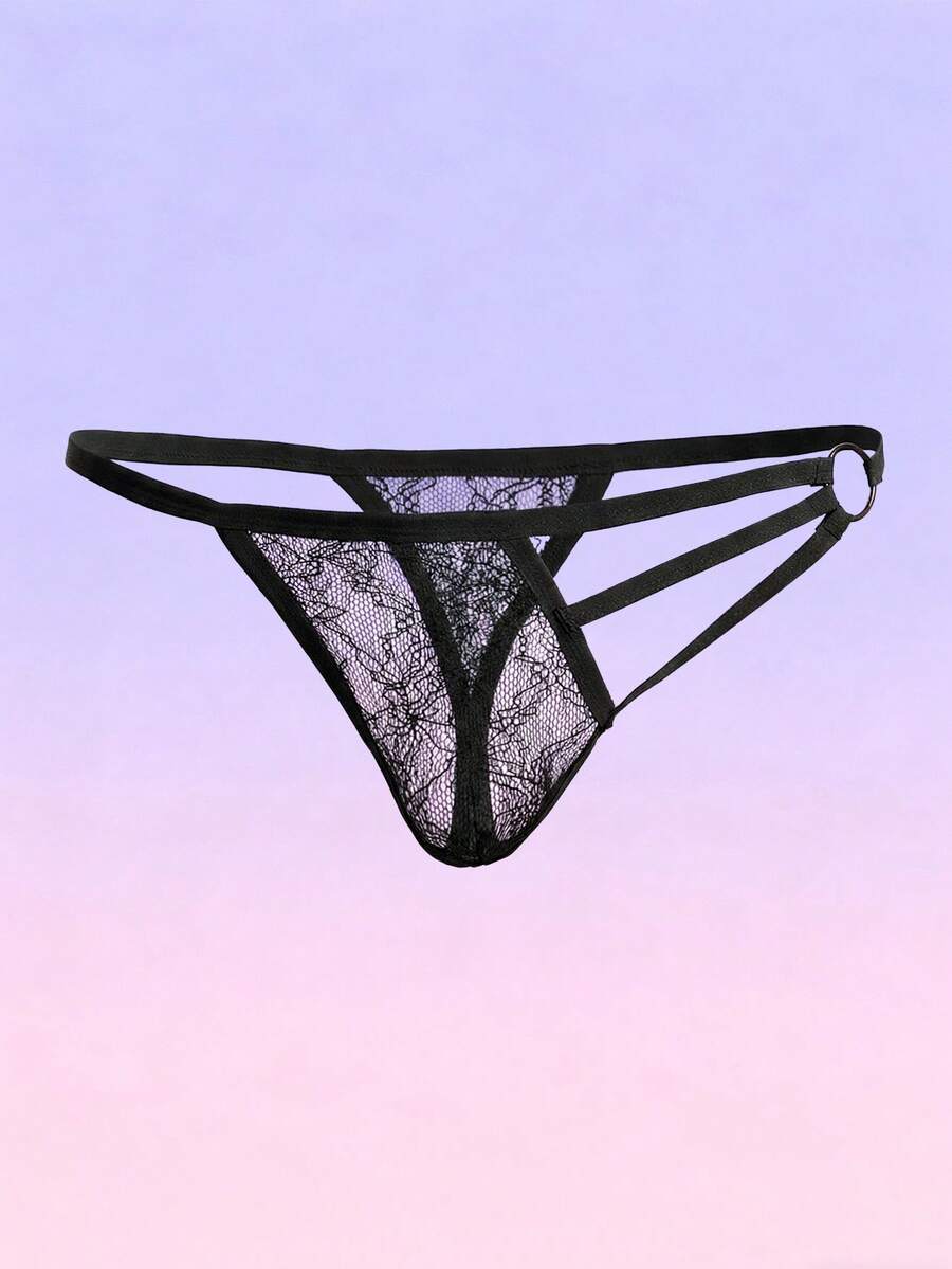 Black men's low-rise lace thong featuring a hollow-out plain design made from a stretch polyamide blend fabric.