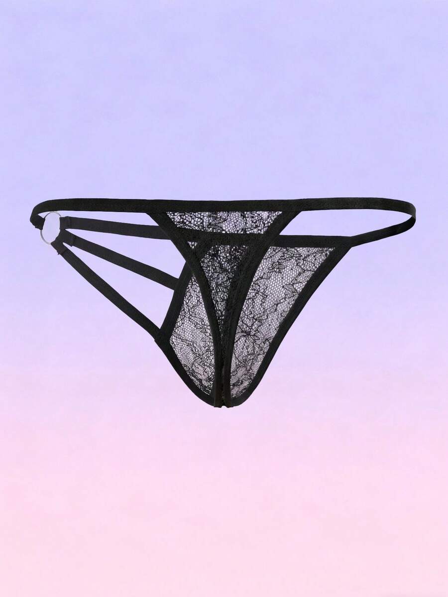 Black men's low-rise lace thong featuring a hollow-out plain design made from a stretch polyamide blend fabric.