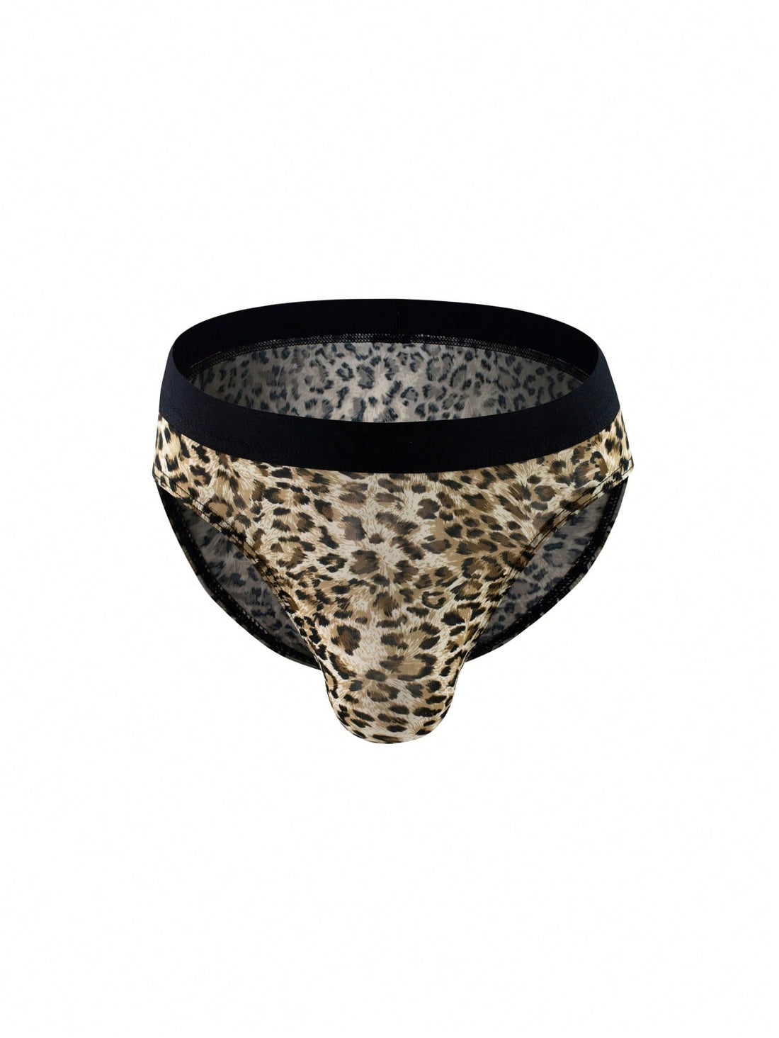 Men's khaki mid rise briefs with a textured leopard-inspired pattern, backless design, contrast binding, and medium-stretch polyester elastane fabric.