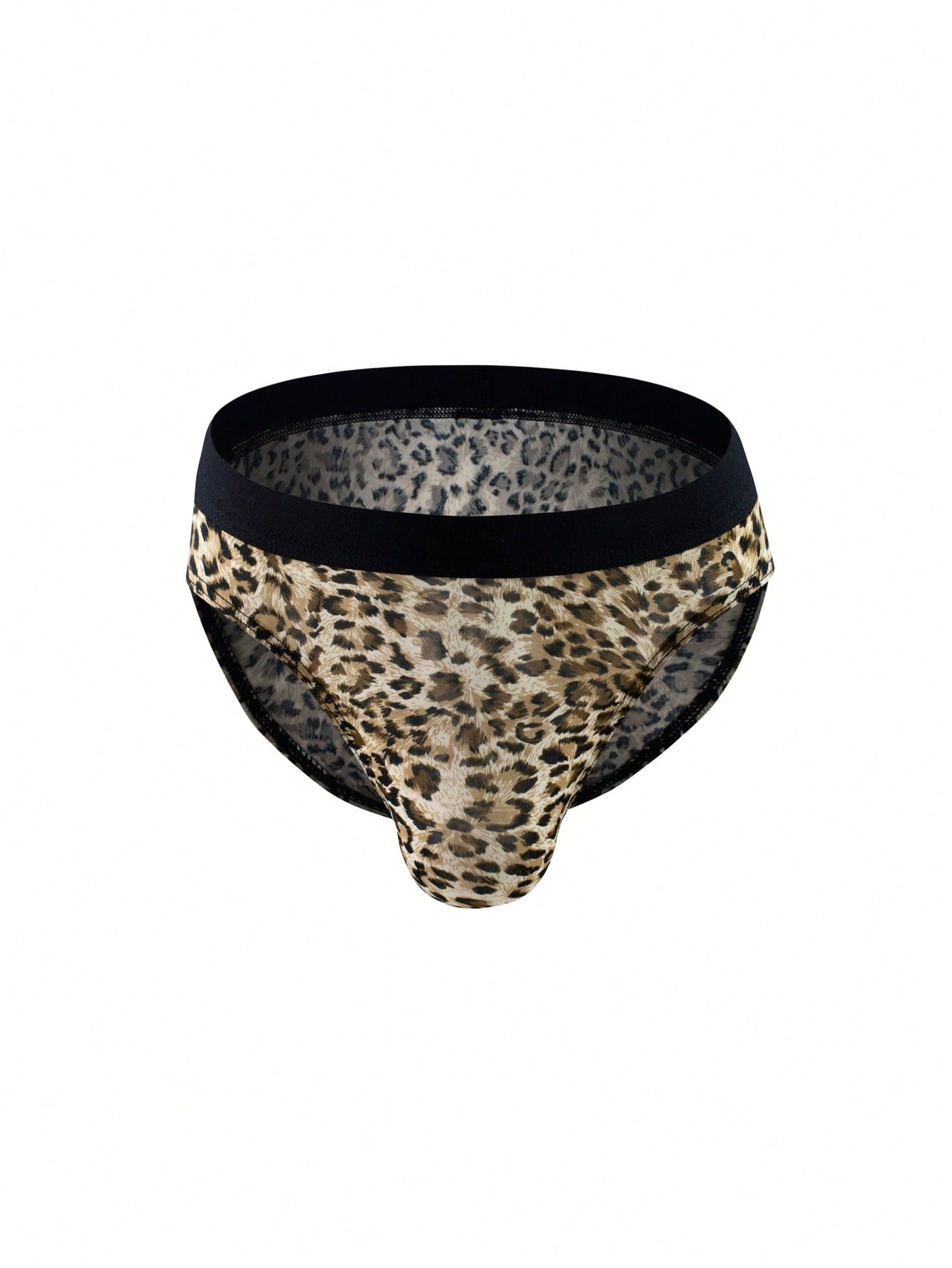 Men's khaki mid rise briefs with a textured leopard-inspired pattern, backless design, contrast binding, and medium-stretch polyester elastane fabric.