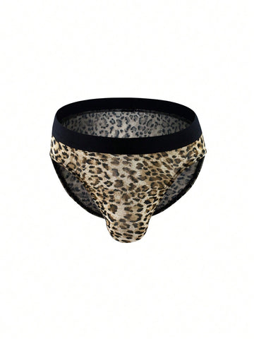 Men's khaki mid rise briefs with a textured leopard-inspired pattern, backless design, contrast binding, and medium-stretch polyester elastane fabric.