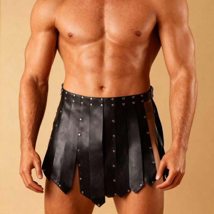 Men's PU leather Roman gladiator kilt skirt featuring studded rivets and geometric detailing for cosplay and steampunk costumes.