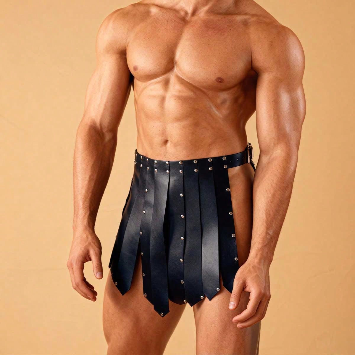 Men's PU leather Roman gladiator kilt skirt featuring studded rivets and geometric detailing for cosplay and steampunk costumes.
