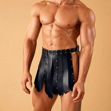 Men's PU leather Roman gladiator kilt skirt featuring studded rivets and geometric detailing for cosplay and steampunk costumes.