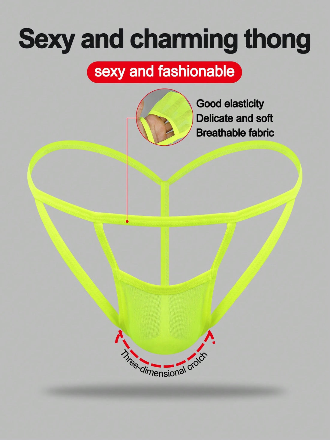 Men's yellow colorblock mesh thong underwear with a low-rise fit and medium-stretch fabric, designed as 1-piece sexy underwear for party wear.
