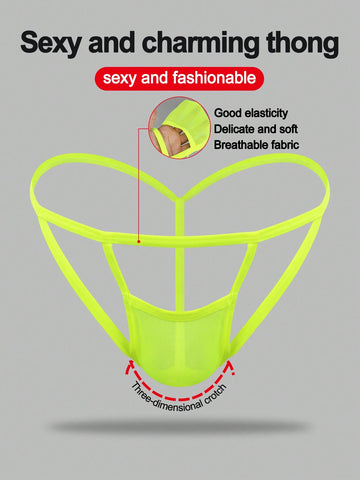 Men's yellow colorblock mesh thong underwear with a low-rise fit and medium-stretch fabric, designed as 1-piece sexy underwear for party wear.