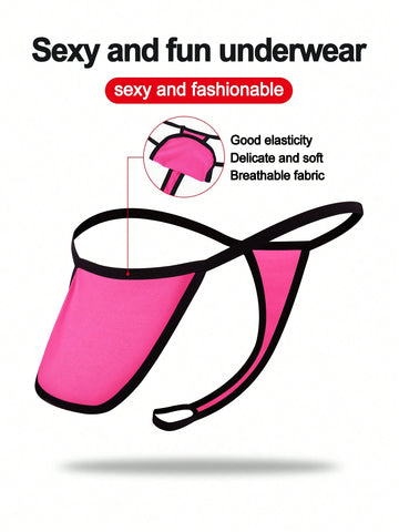 Hot pink men's thong underwear in knitted fabric with contrast binding, colorblock design, and mid-rise fit.