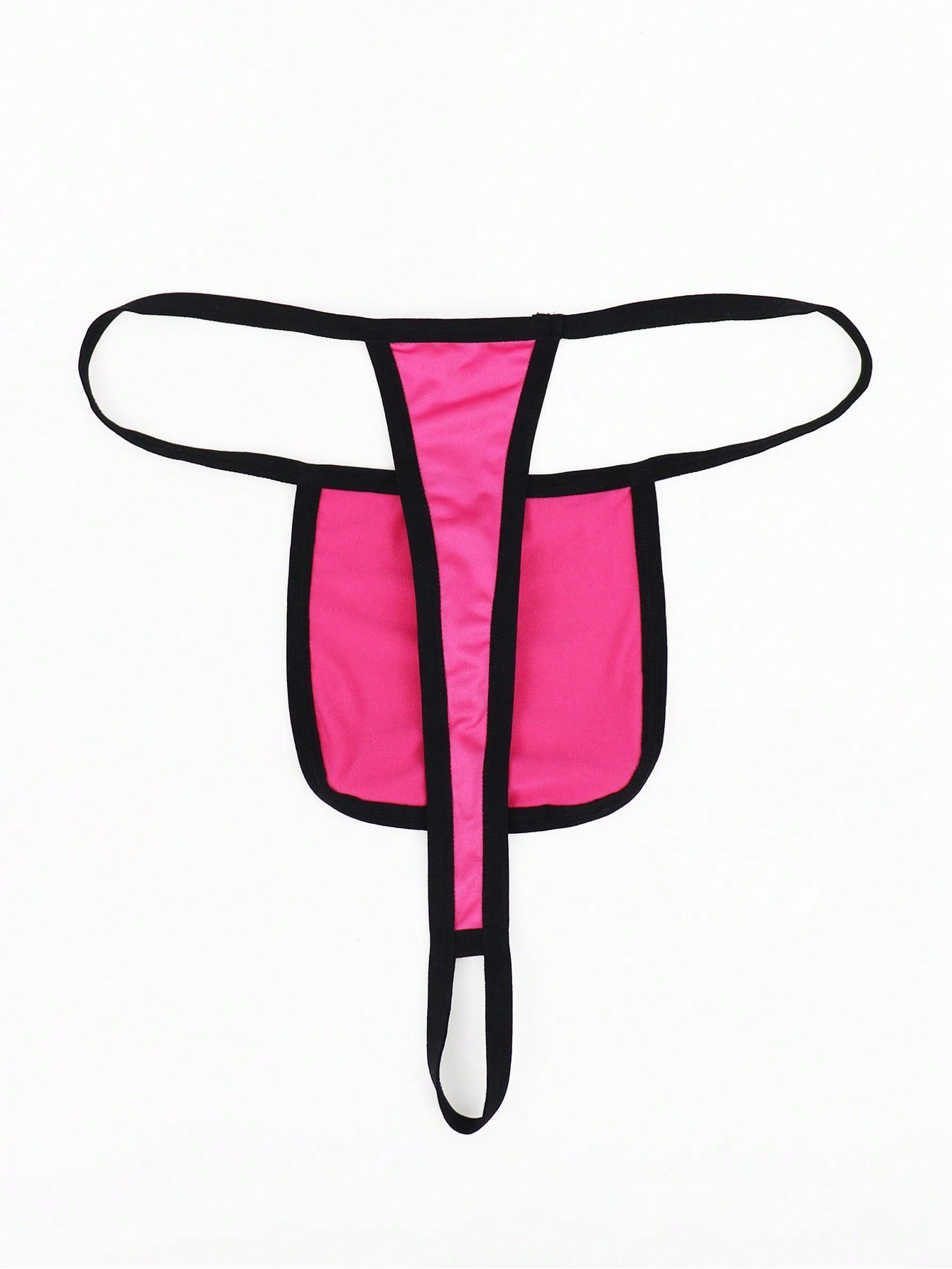 Hot pink men's thong underwear in knitted fabric with contrast binding, colorblock design, and mid-rise fit.