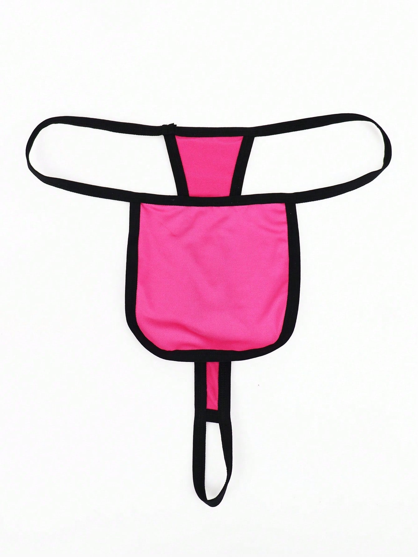 Hot pink men's thong underwear in knitted fabric with contrast binding, colorblock design, and mid-rise fit.