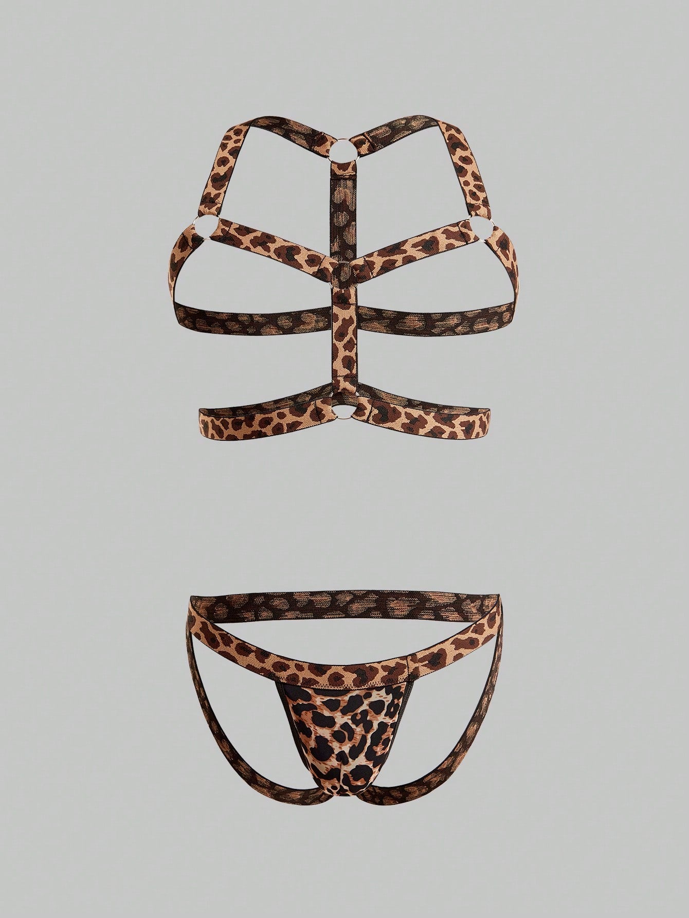Men's sexy lingerie 3-piece set in leopard print mesh with matching leopard print straps, short vest top, and low rise thong styling for rave, festival, or Halloween wear.