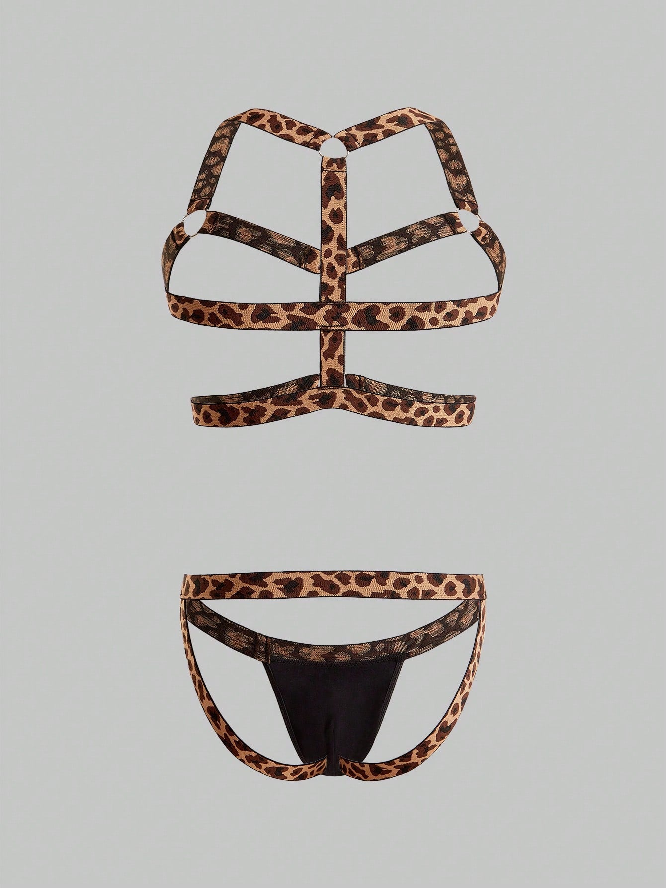 Men's sexy lingerie 3-piece set in leopard print mesh with matching leopard print straps, short vest top, and low rise thong styling for rave, festival, or Halloween wear.