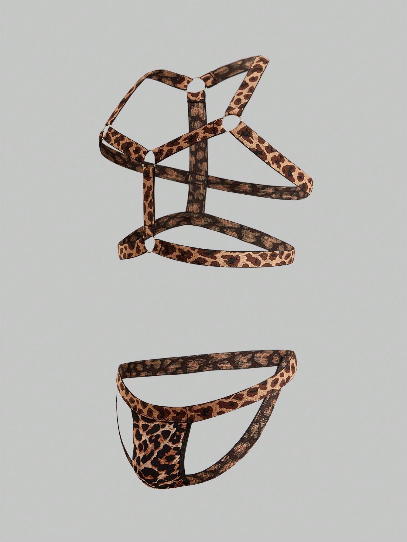 Men's sexy lingerie 3-piece set in leopard print mesh with matching leopard print straps, short vest top, and low rise thong styling for rave, festival, or Halloween wear.