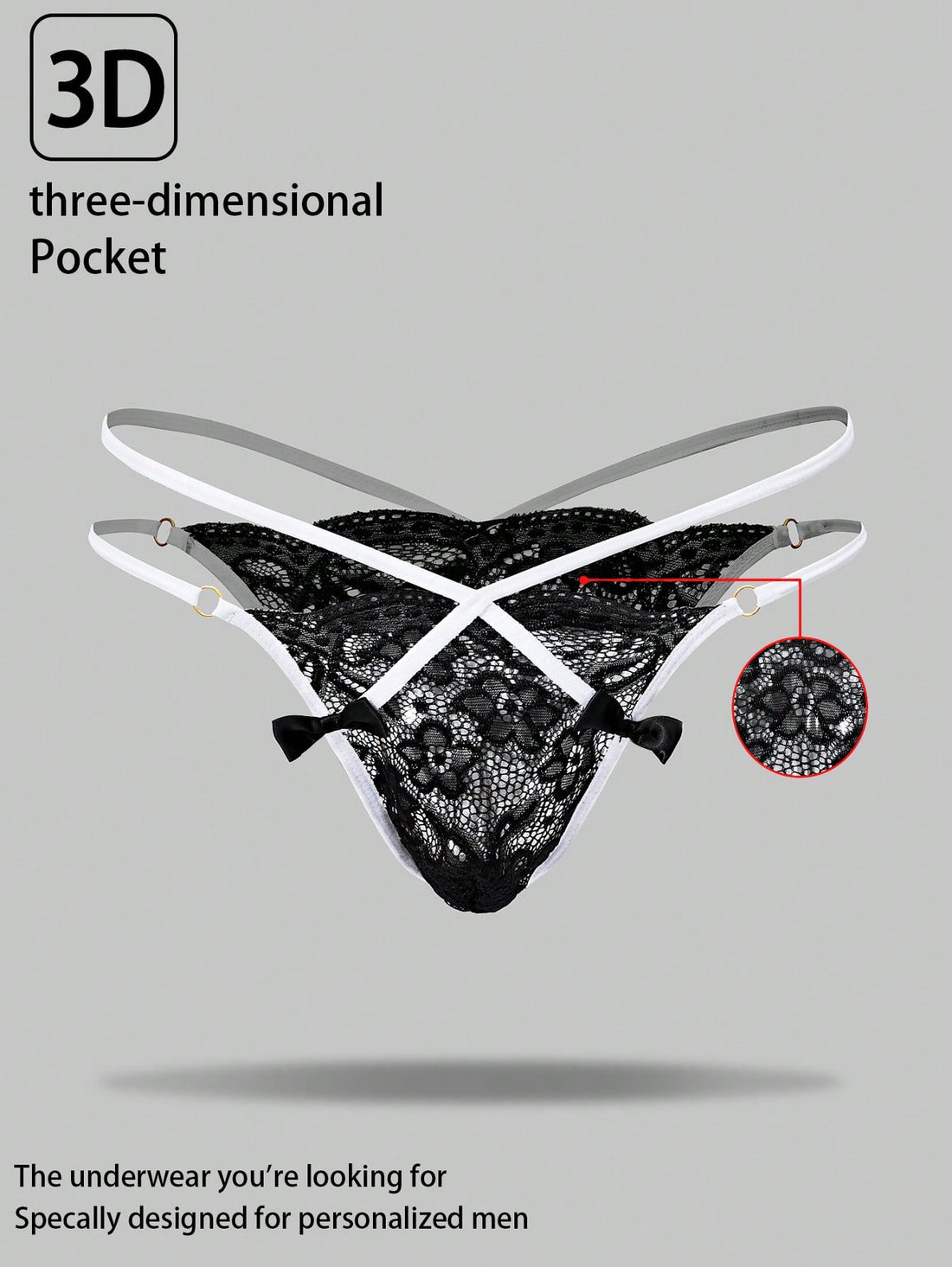 Men's black semi-sheer lace thong underwear with low rise fit, plain pattern, slight stretch fabric, and bowknot ribbon detail.