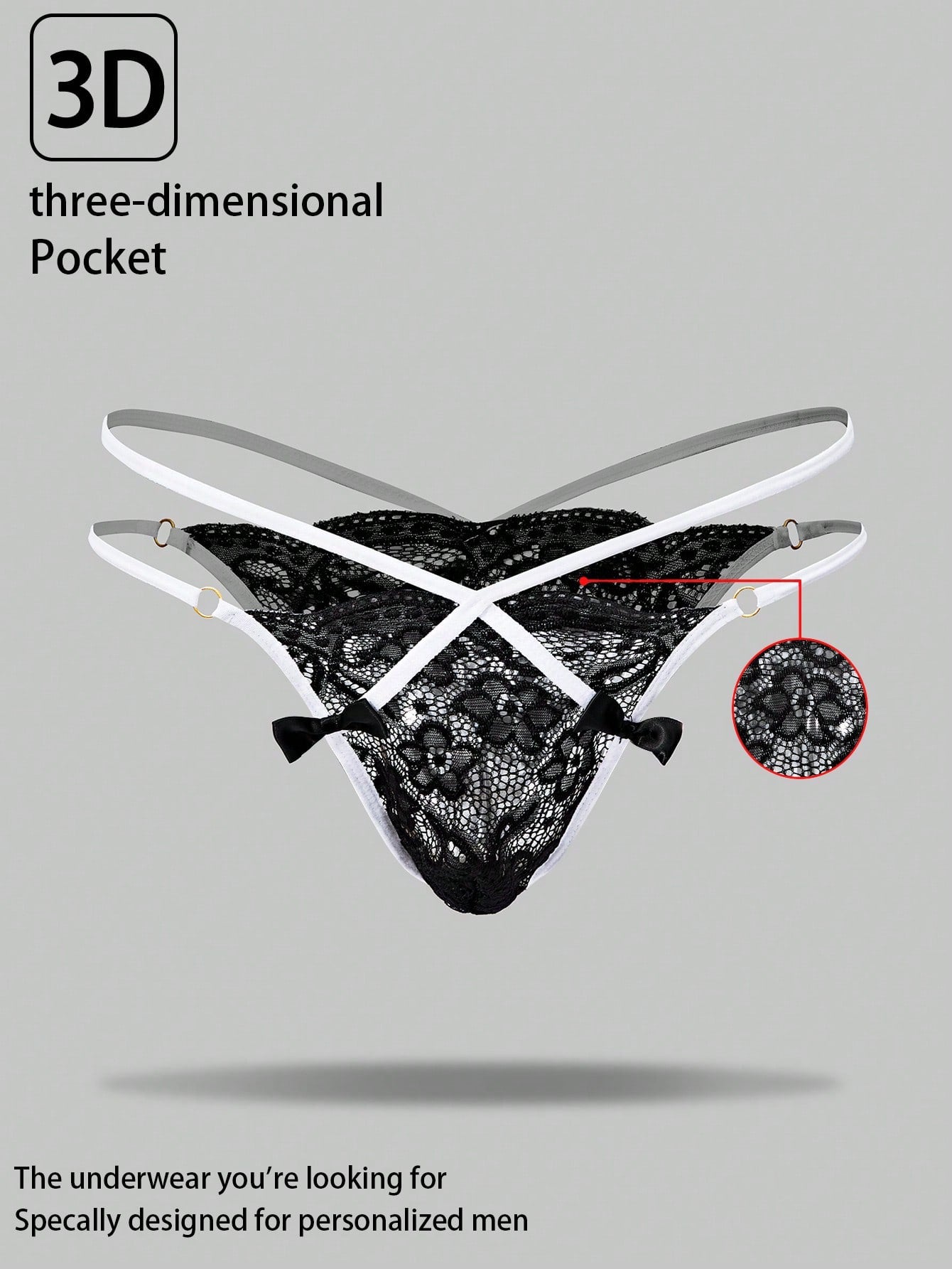 Men's black semi-sheer lace thong underwear with low rise fit, plain pattern, slight stretch fabric, and bowknot ribbon detail.