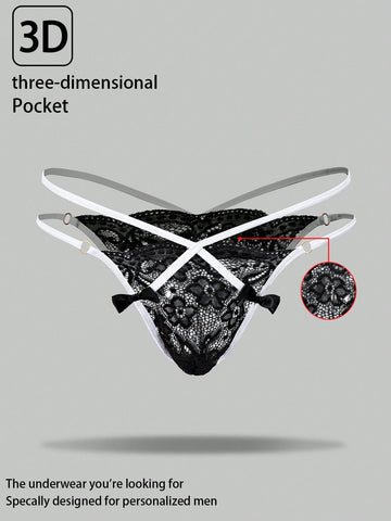 Men's black semi-sheer lace thong underwear with low rise fit, plain pattern, slight stretch fabric, and bowknot ribbon detail.