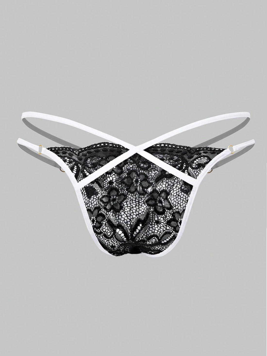 Men's black semi-sheer lace thong underwear with low rise fit, plain pattern, slight stretch fabric, and bowknot ribbon detail.