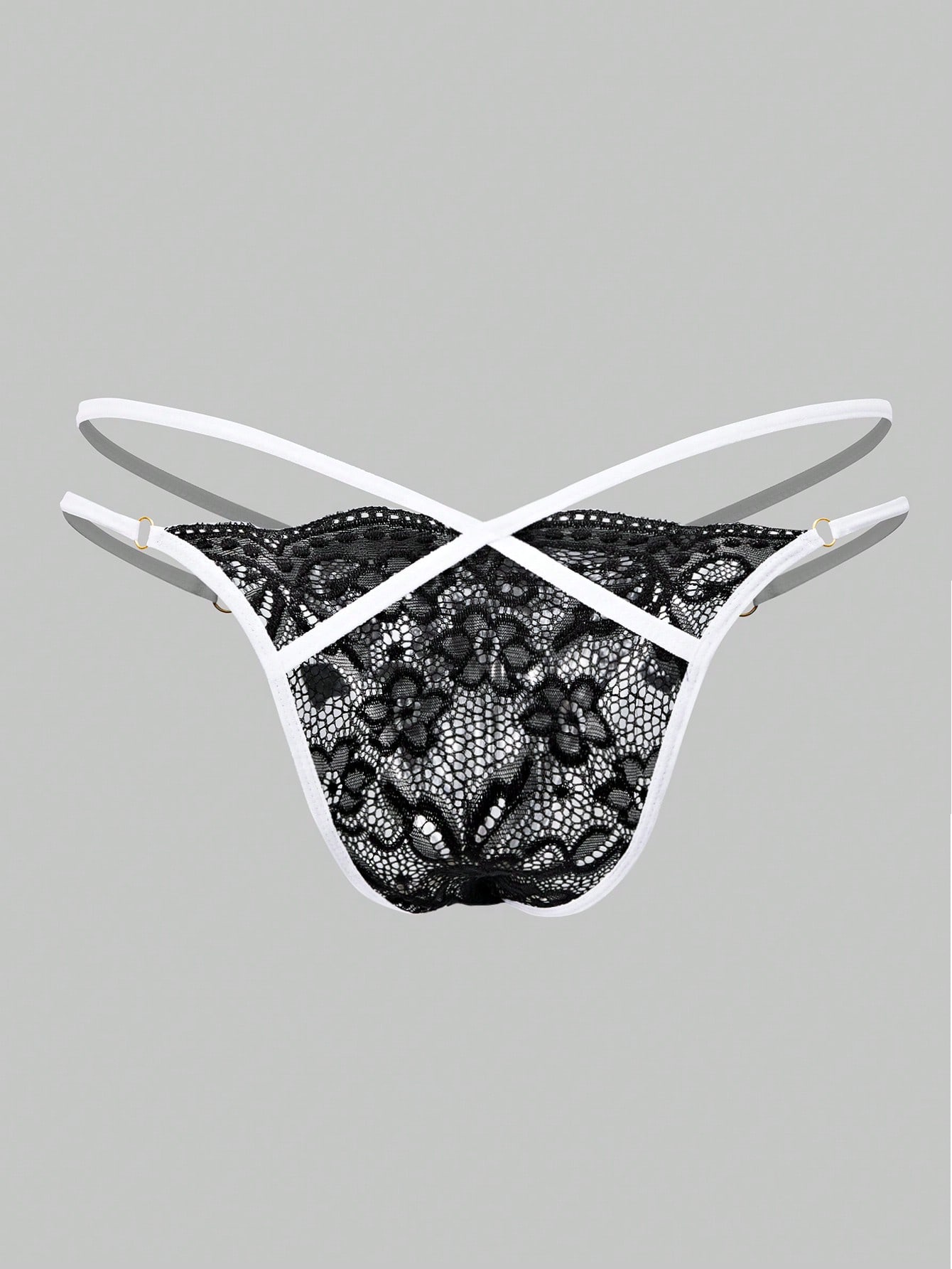 Men's black semi-sheer lace thong underwear with low rise fit, plain pattern, slight stretch fabric, and bowknot ribbon detail.