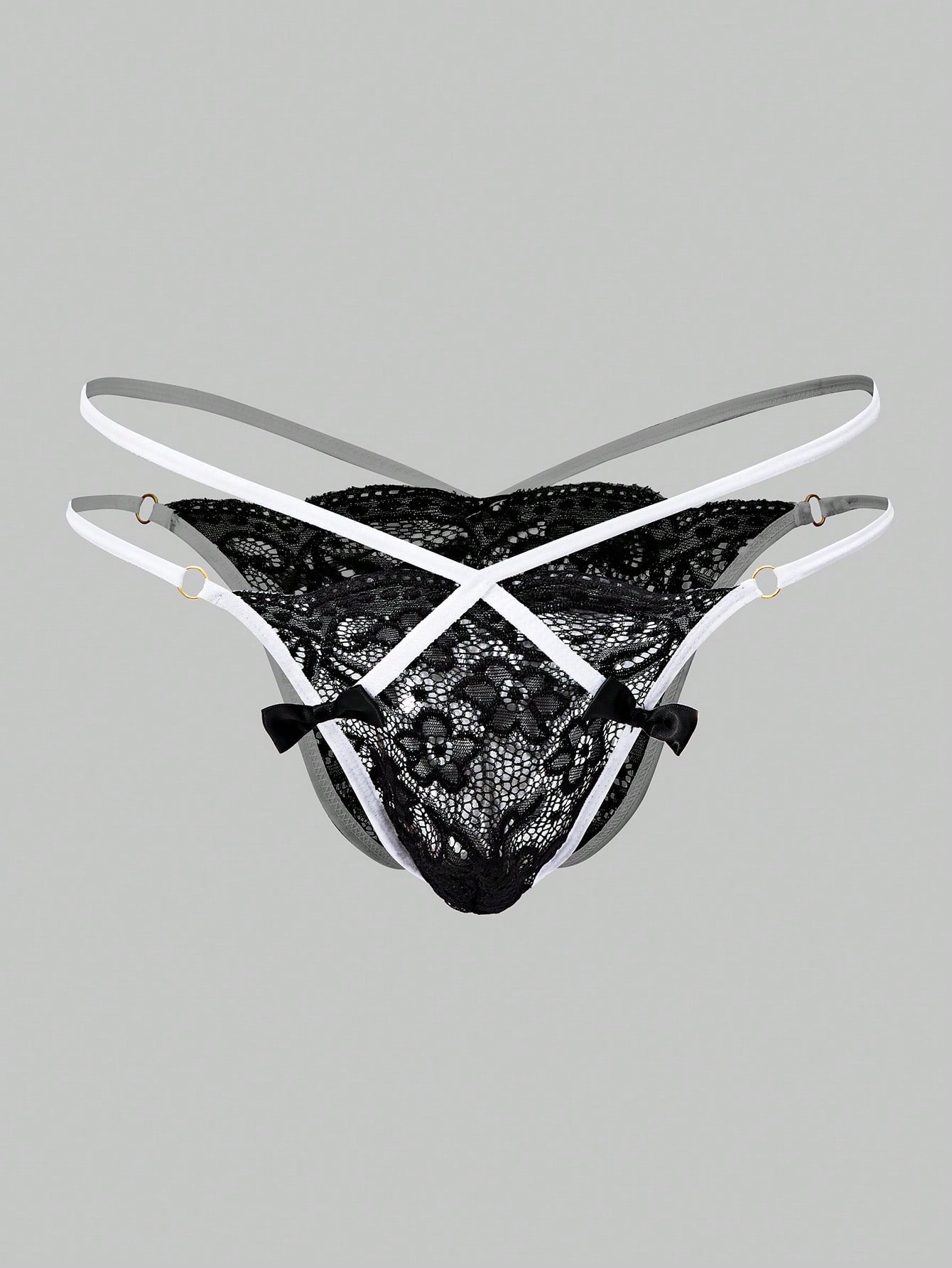 Men's black semi-sheer lace thong underwear with low rise fit, plain pattern, slight stretch fabric, and bowknot ribbon detail.
