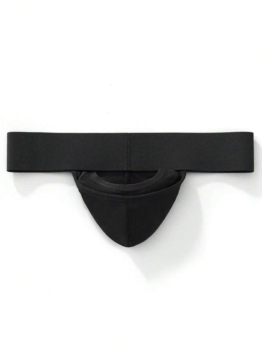 Black low rise men's jockstrap underwear featuring a letter print wide waistband