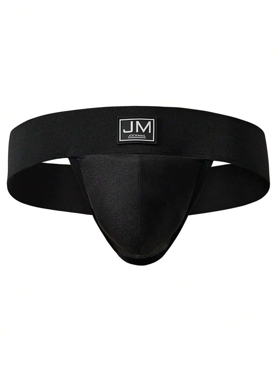Black low rise men's jockstrap underwear featuring a letter print wide waistband