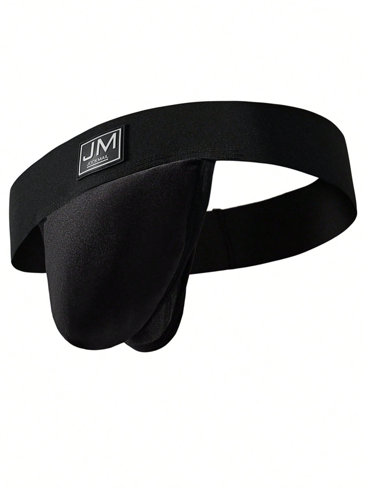 Black low rise men's jockstrap underwear featuring a letter print wide waistband