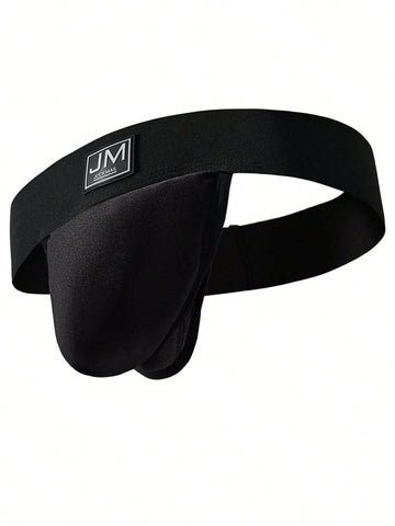 Black low rise men's jockstrap underwear featuring a letter print wide waistband