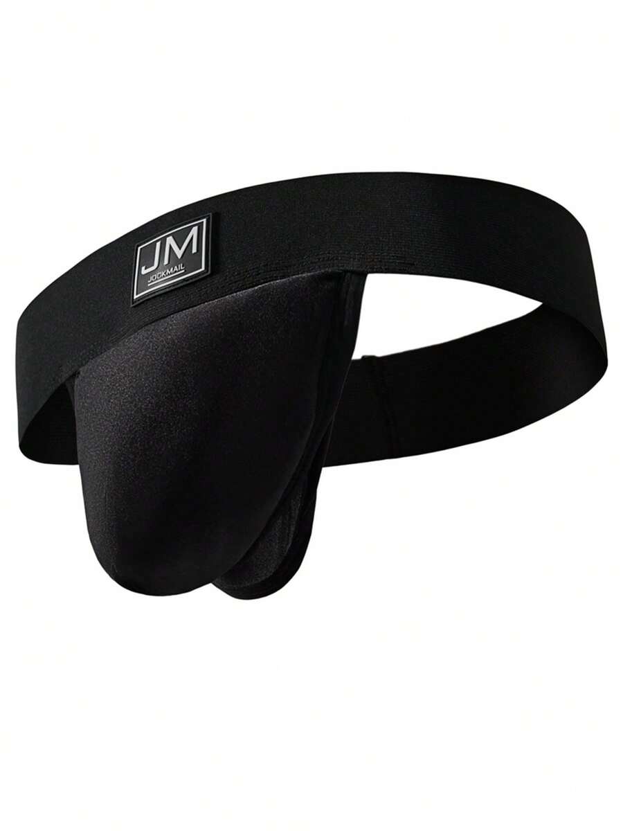 Black low rise men's jockstrap underwear featuring a letter print wide waistband