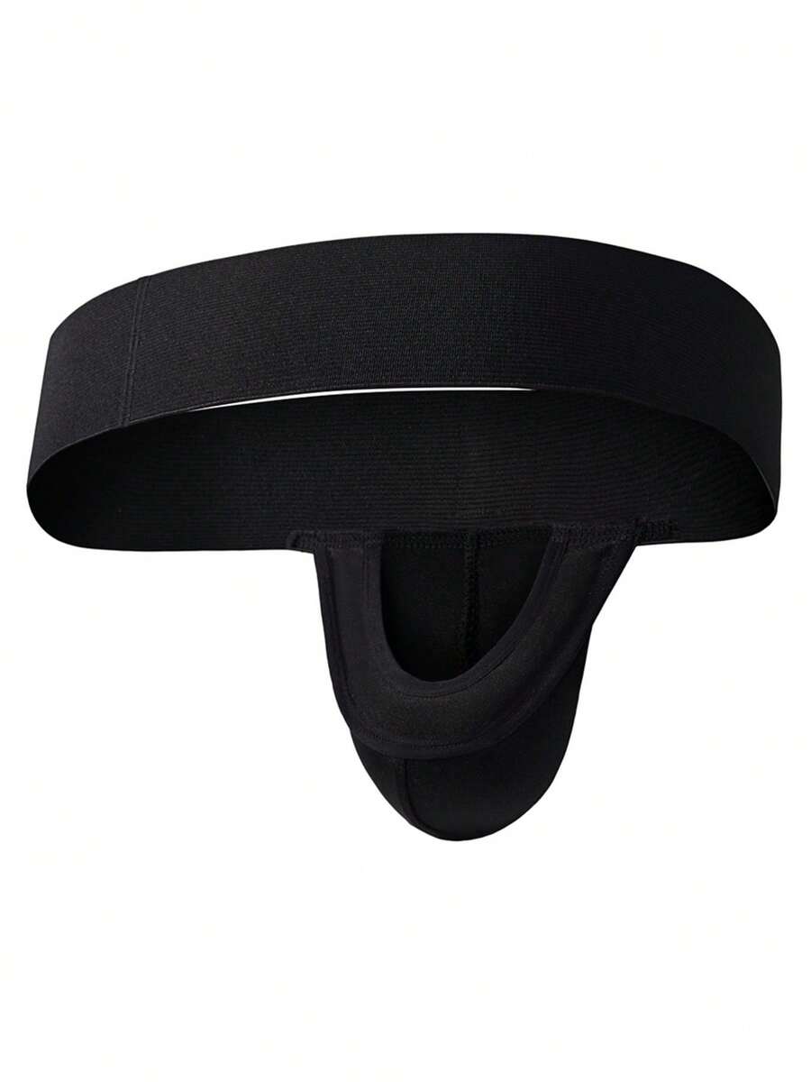 Black low rise men's jockstrap underwear featuring a letter print wide waistband