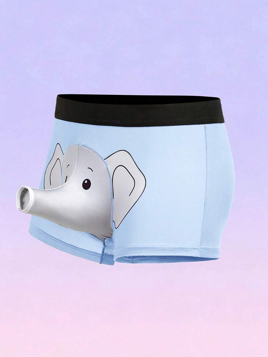 Men's black elephant print boxer briefs with contrast binding and elastic waist.