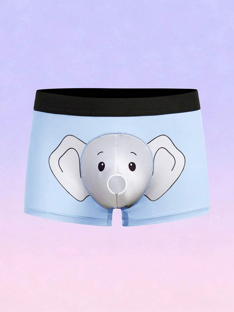 Men's black elephant print boxer briefs with contrast binding and elastic waist.