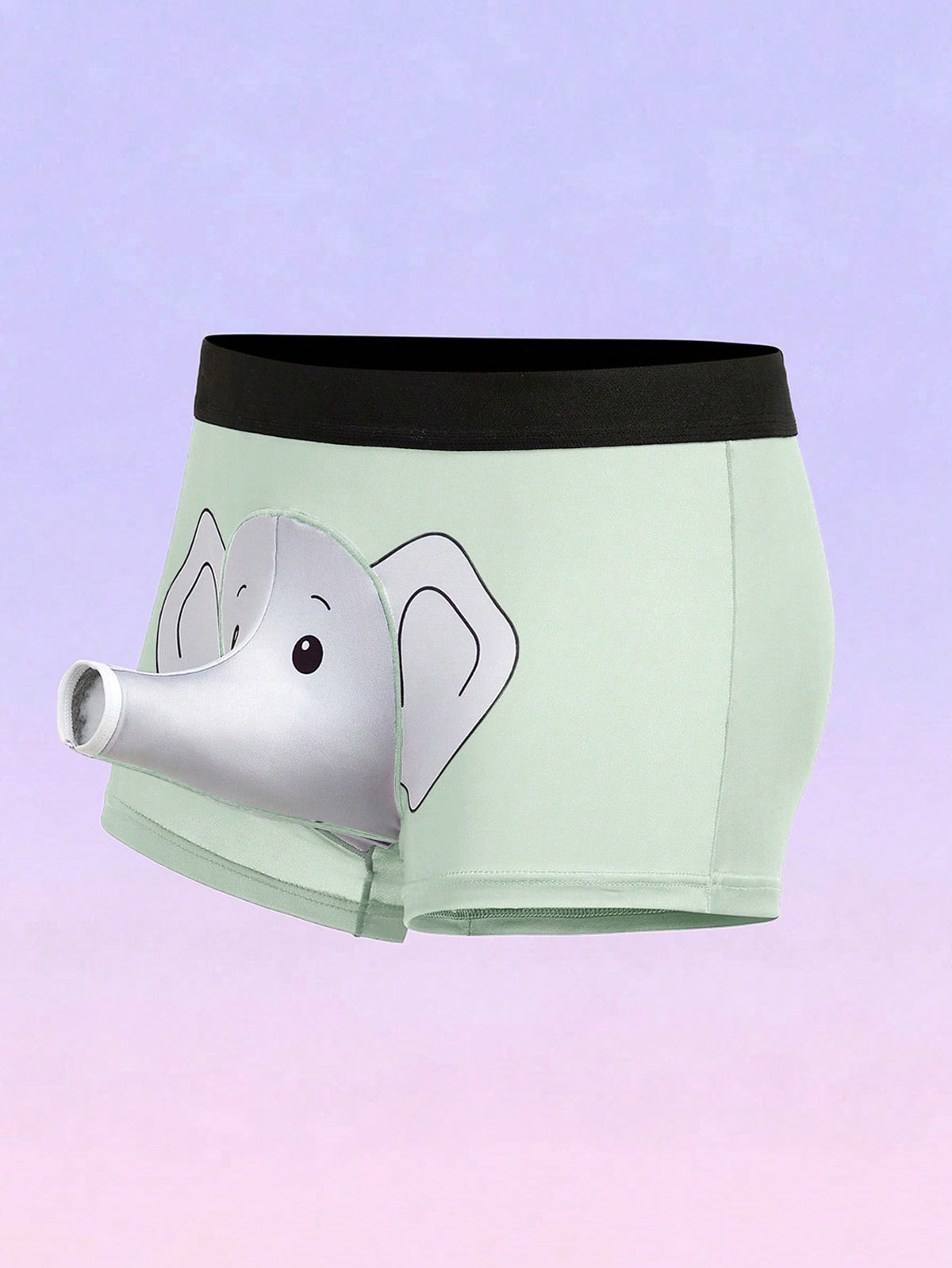 Men's black elephant print boxer briefs with contrast binding and elastic waist.