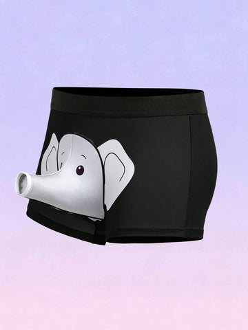 Men's black elephant print boxer briefs with contrast binding and elastic waist.