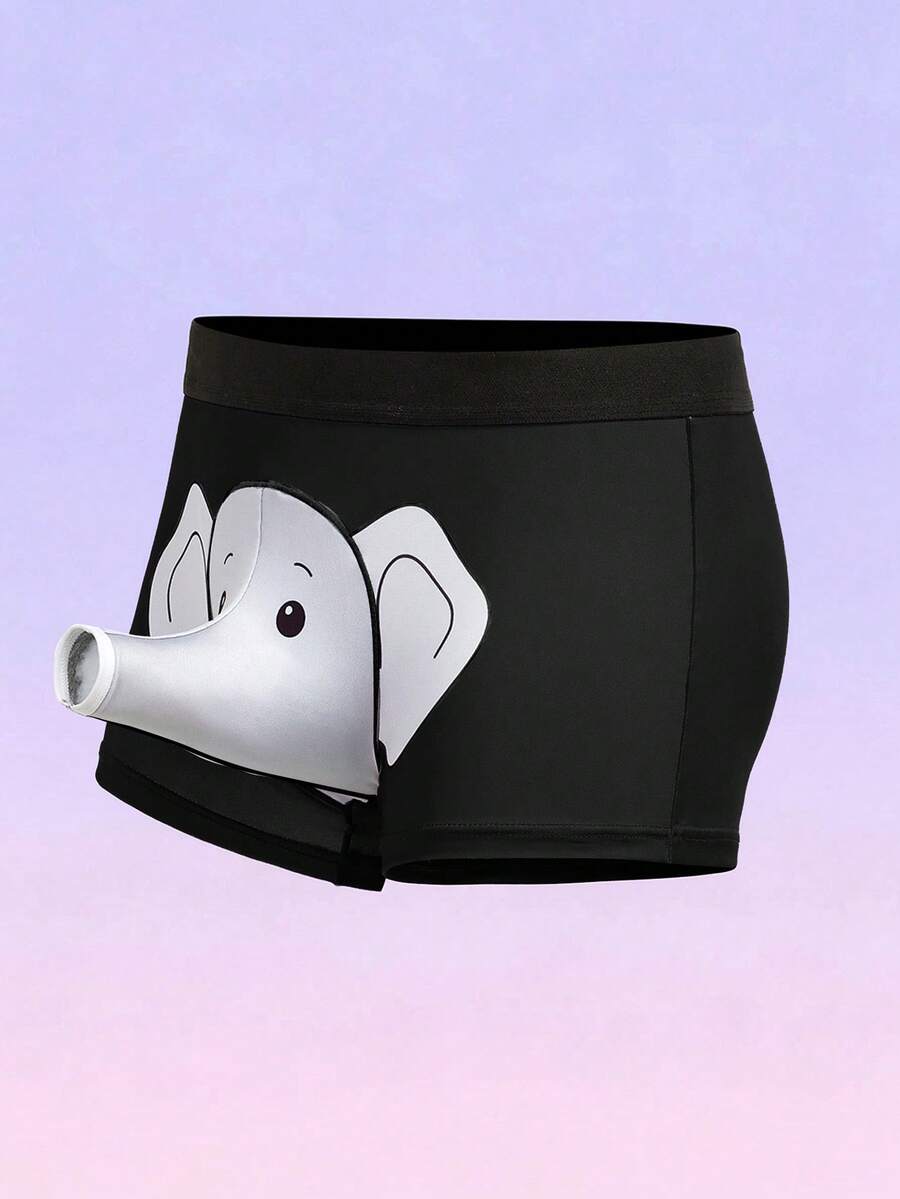Men's black elephant print boxer briefs with contrast binding and elastic waist.