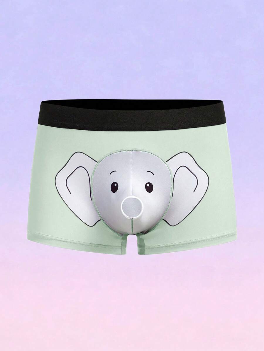 Men's black elephant print boxer briefs with contrast binding and elastic waist.