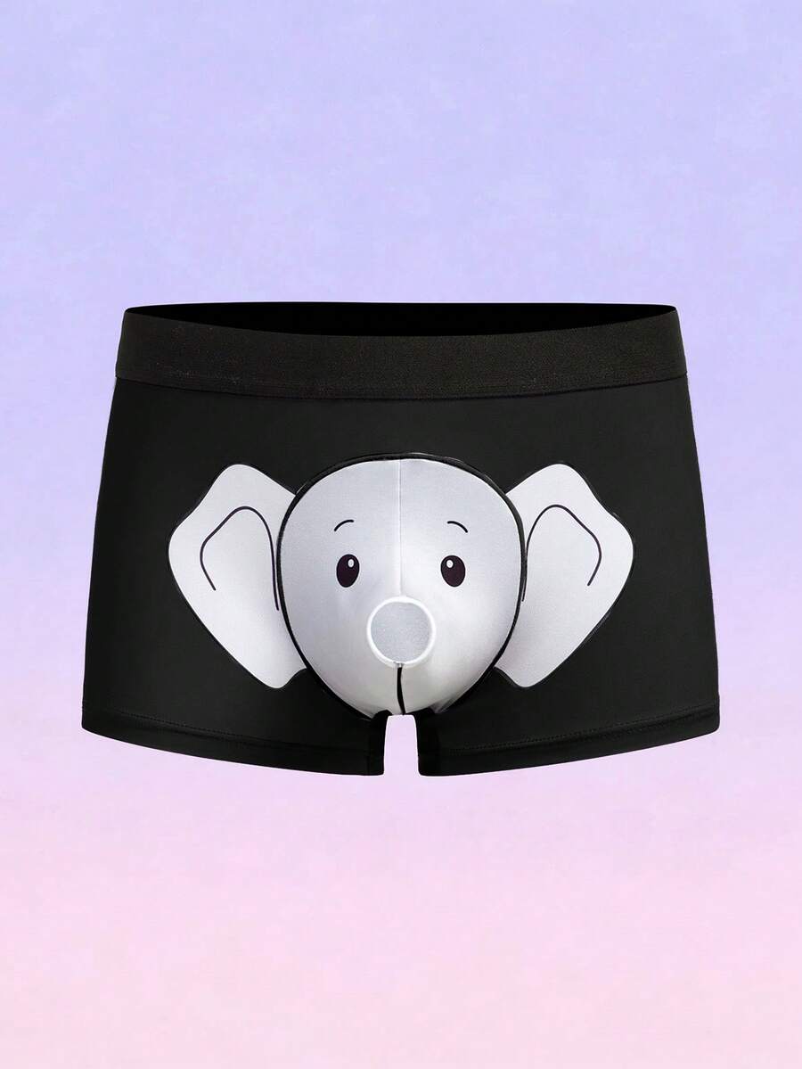 Men's black elephant print boxer briefs with contrast binding and elastic waist.
