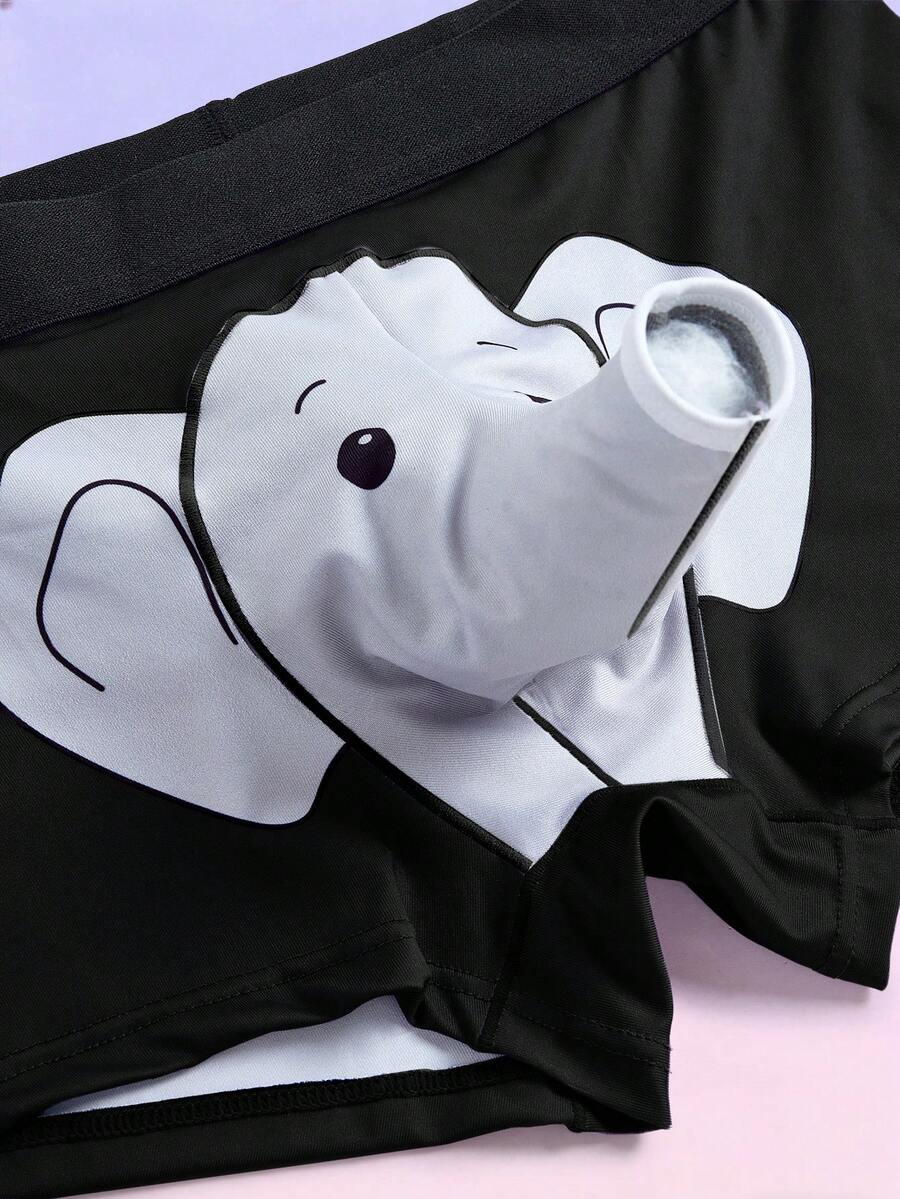 Men's black elephant print boxer briefs with contrast binding and elastic waist.