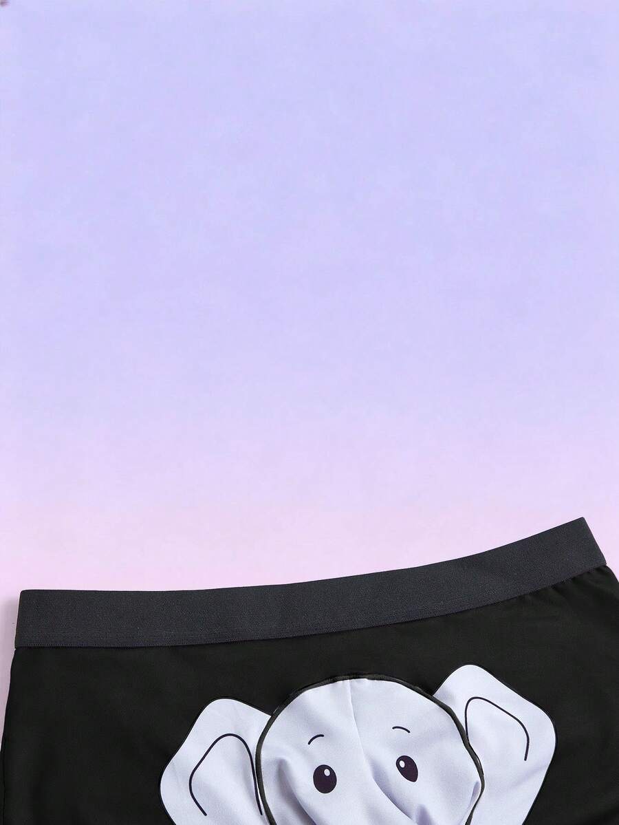 Men's black elephant print boxer briefs with contrast binding and elastic waist.