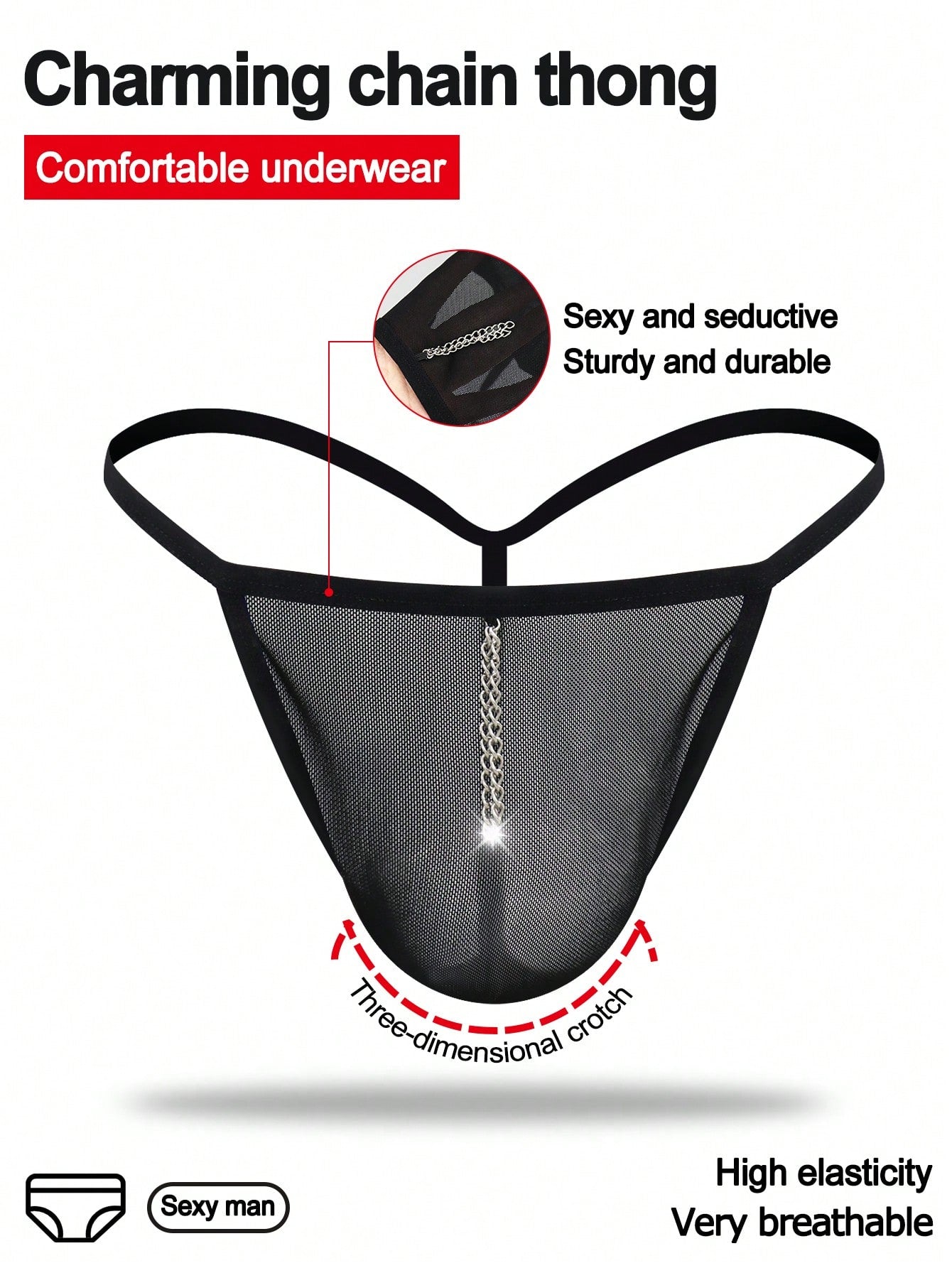 Black men's mesh thong underwear with a seamless low-rise design and medium-stretch fabric, one-piece style.