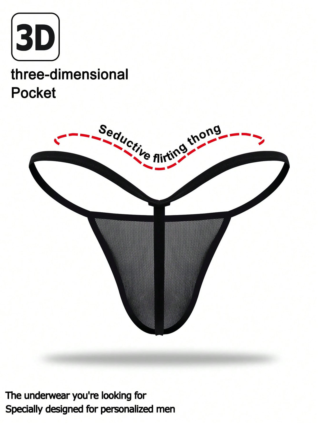 Black men's mesh thong underwear with a seamless low-rise design and medium-stretch fabric, one-piece style.