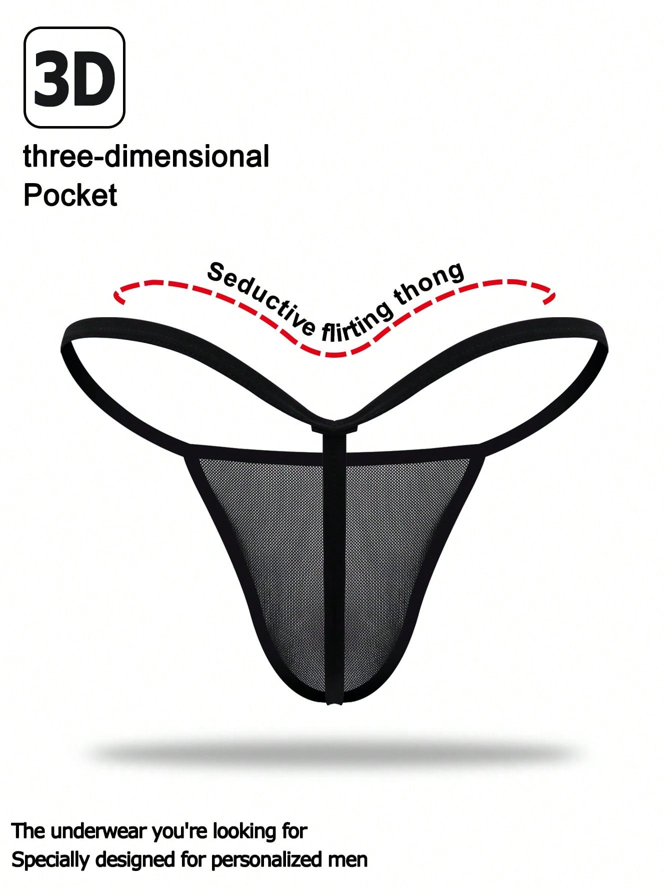 Black men's mesh thong underwear with a seamless low-rise design and medium-stretch fabric, one-piece style.