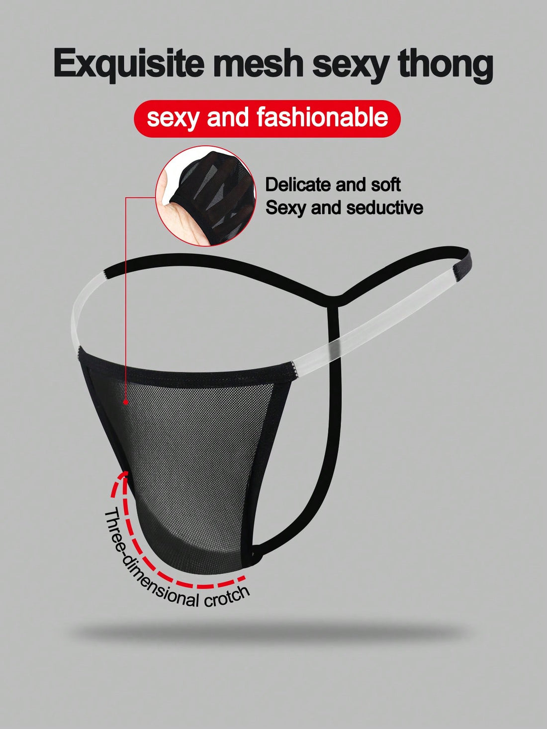 Black men's seamless mesh thong underwear with low-rise waist, colorblock design, and medium-stretch fabric.