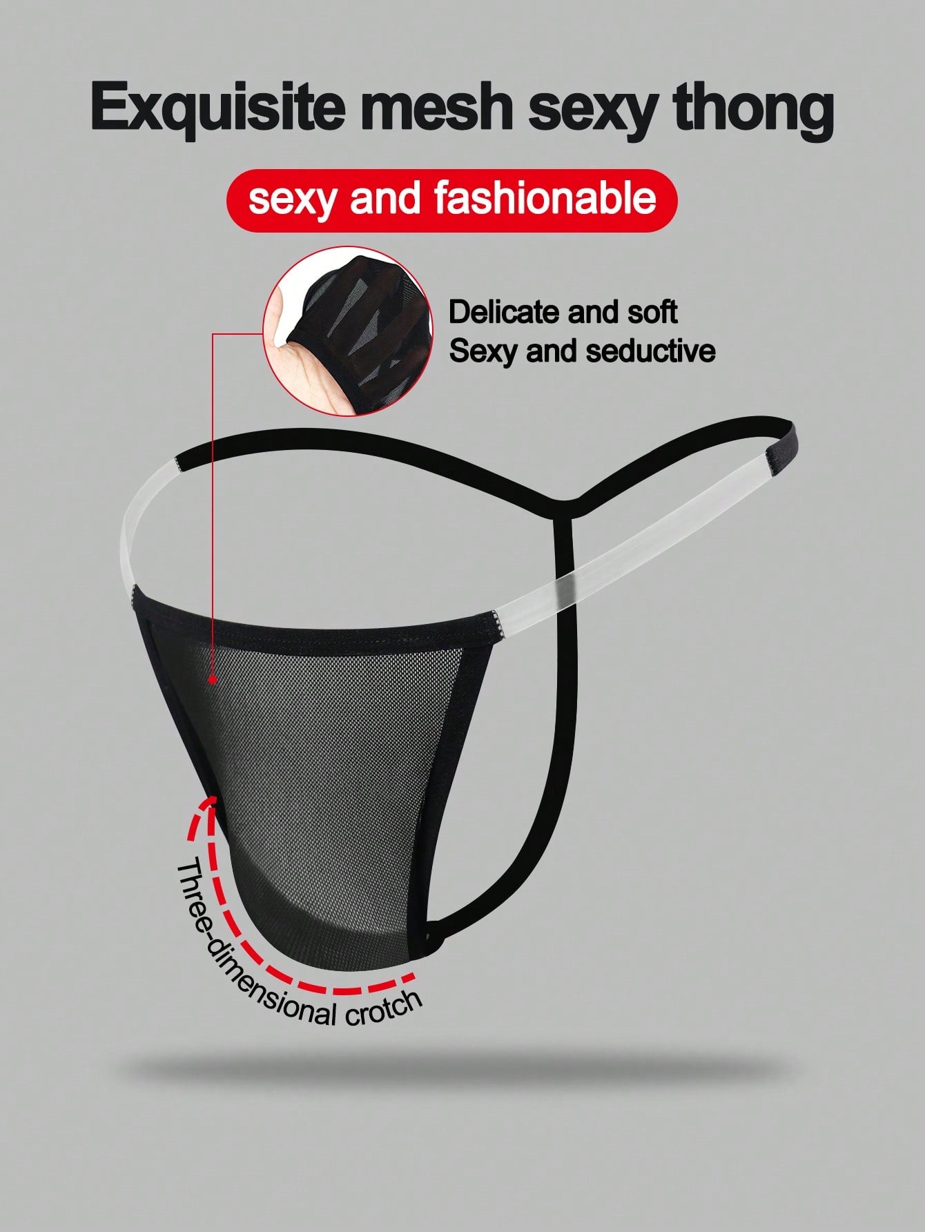 Black men's seamless mesh thong underwear with low-rise waist, colorblock design, and medium-stretch fabric.