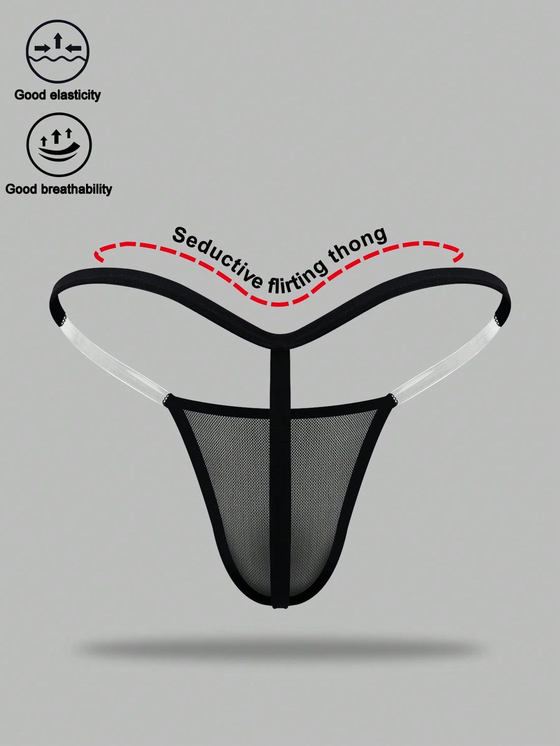 Black men's seamless mesh thong underwear with low-rise waist, colorblock design, and medium-stretch fabric.