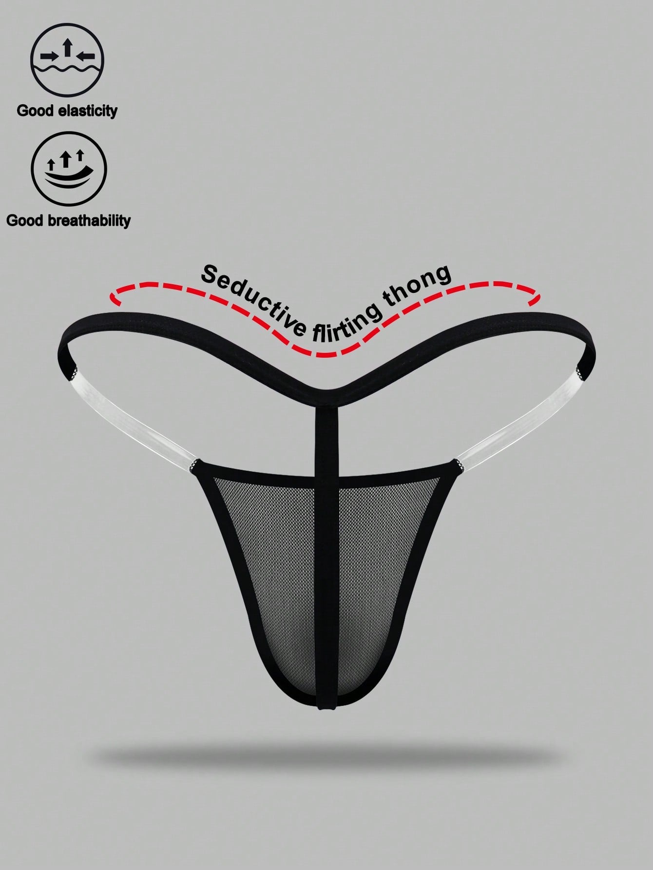 Black men's seamless mesh thong underwear with low-rise waist, colorblock design, and medium-stretch fabric.
