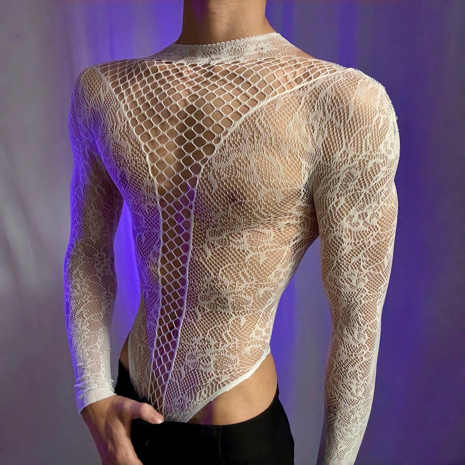 Men's white semi-sheer mesh one-piece jumpsuit with round neck, hollow out detail, and high-stretch polyamide elastane fabric for costume or party wear.